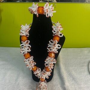 Elegant Orange and White Beaded Necklace Set